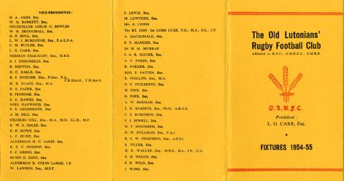 Old Lutonians RUFC membership card fixture list 1954 – 1955